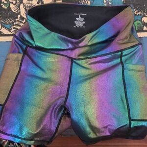 High-Rise Iridescent Bike Shorts — Purple & Green Shimmer